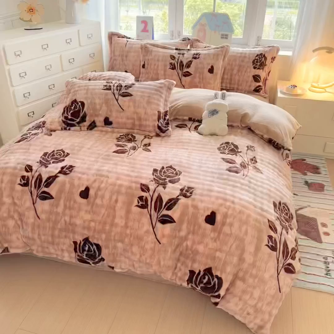 91家纺网 家纺一手货源 找家纺 家贝爱 2025新款加厚牛奶绒泡泡兔毛绒四件套 泡泡绒-慕颜