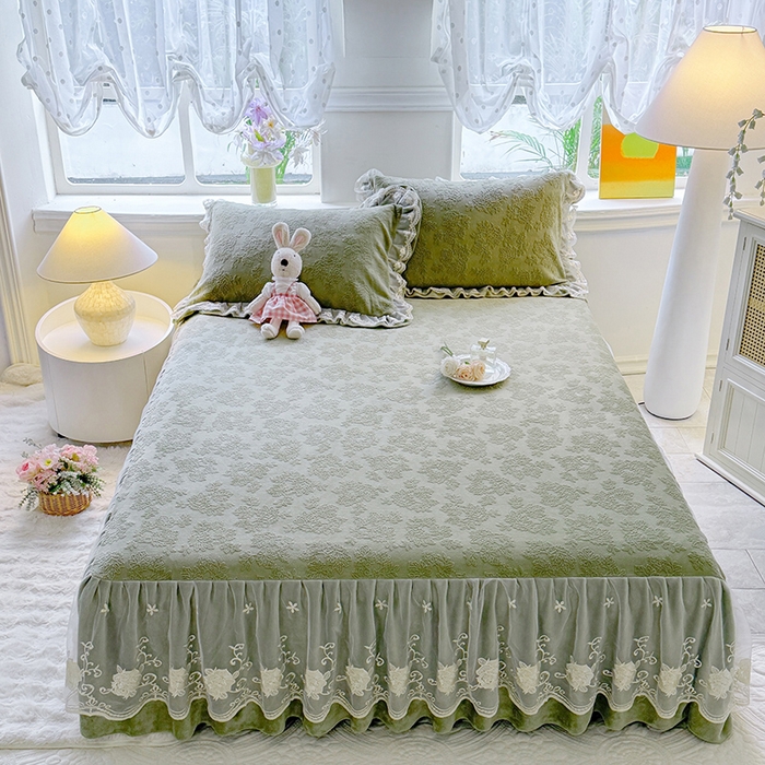 美达家纺 2025新款牛奶绒雕花系列单床裙 床裙-枫叶-绿