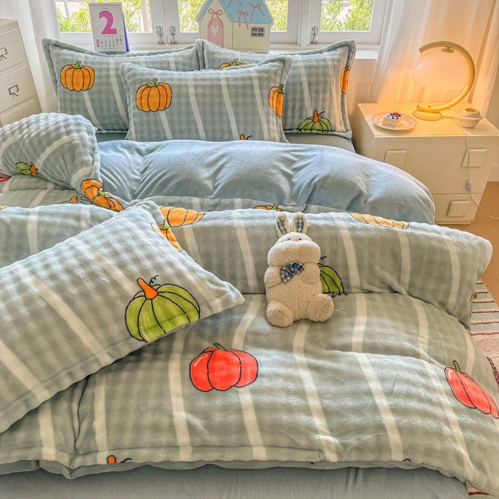 91家纺网 家纺一手货源 找家纺 家贝爱 2025新款加厚牛奶绒泡泡兔毛绒四件套 泡泡绒-南瓜