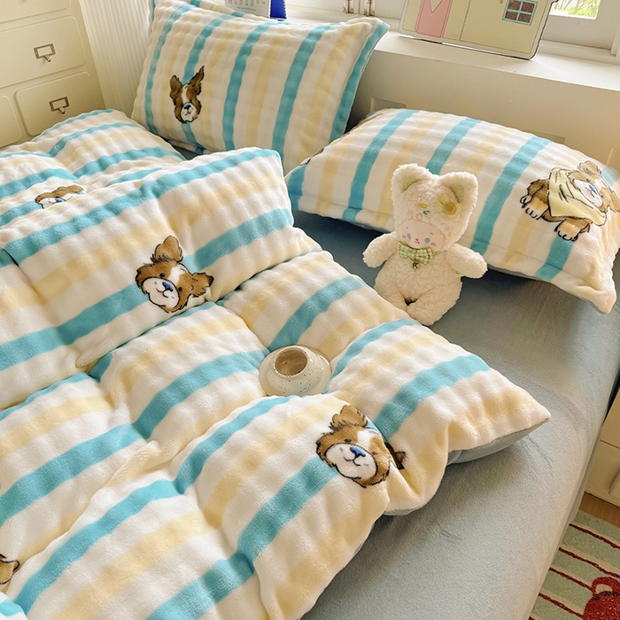 91家纺网 家纺一手货源 找家纺 家贝爱 2025新款加厚牛奶绒泡泡兔毛绒四件套 泡泡绒-哈哈狗