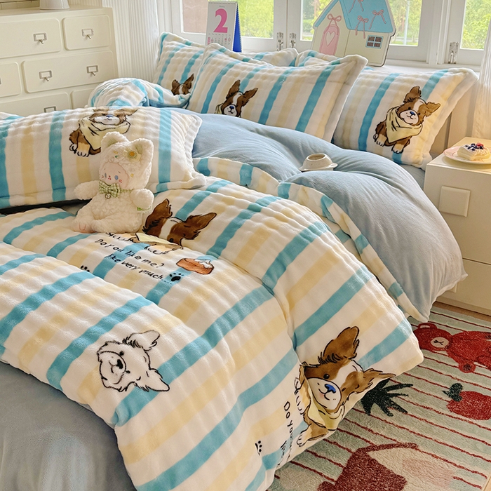 91家纺网 家纺一手货源 找家纺 家贝爱 2025新款加厚牛奶绒泡泡兔毛绒四件套 泡泡绒-哈哈狗