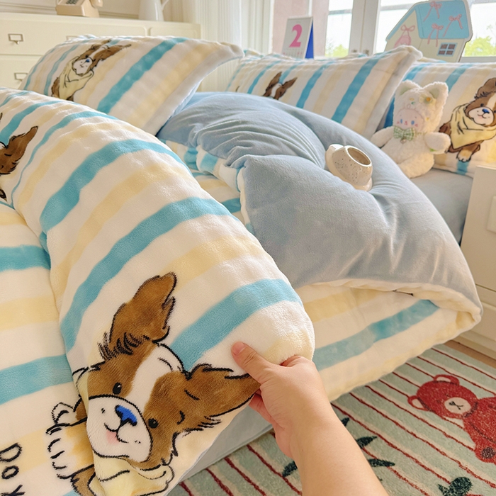 91家纺网 家纺一手货源 找家纺 家贝爱 2025新款加厚牛奶绒泡泡兔毛绒四件套 泡泡绒-哈哈狗