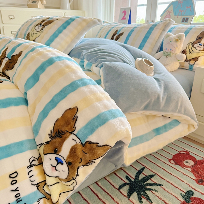 91家纺网 家纺一手货源 找家纺 家贝爱 2025新款加厚牛奶绒泡泡兔毛绒四件套 泡泡绒-哈哈狗