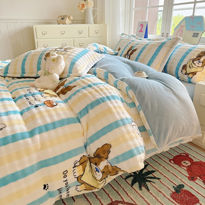 91家纺网 家纺一手货源 找家纺 家贝爱 2025新款加厚牛奶绒泡泡兔毛绒四件套 泡泡绒-哈哈狗