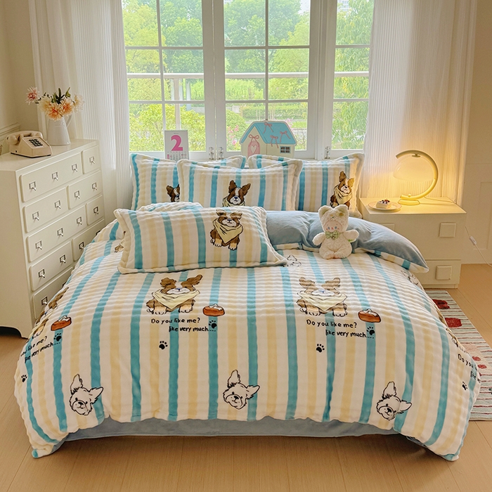 91家纺网 家纺一手货源 找家纺 家贝爱 2025新款加厚牛奶绒泡泡兔毛绒四件套 泡泡绒-哈哈狗