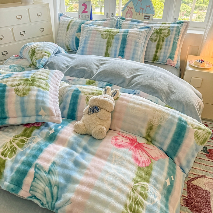 家贝爱 2025新款加厚牛奶绒泡泡兔毛绒四件套 泡泡绒-粉蝶