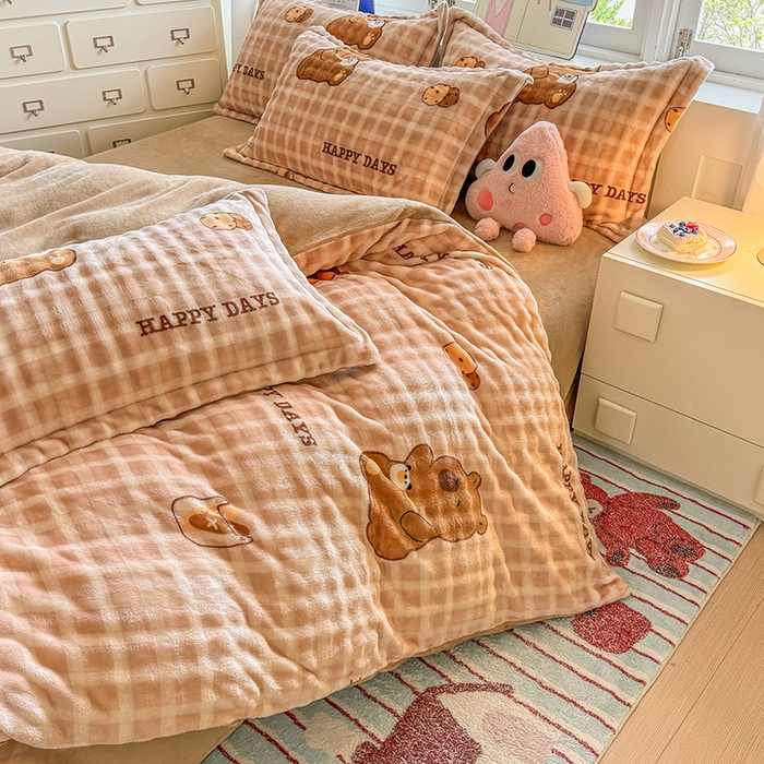 91家纺网 家纺一手货源 找家纺 家贝爱 2025新款加厚牛奶绒泡泡兔毛绒四件套 泡泡绒-萌宠