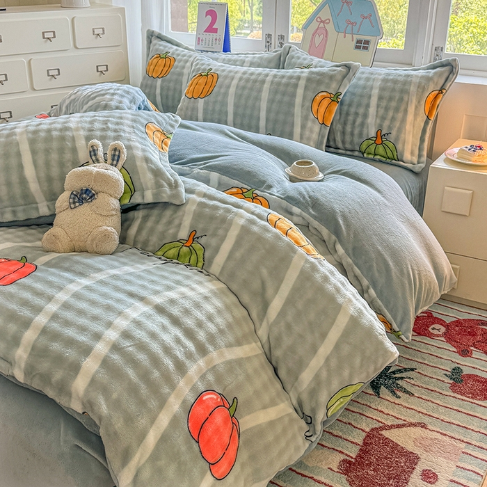 91家纺网 家纺一手货源 找家纺 家贝爱 2025新款加厚牛奶绒泡泡兔毛绒四件套 泡泡绒-南瓜