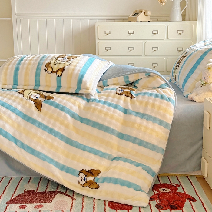 91家纺网 家纺一手货源 找家纺 家贝爱 2025新款加厚牛奶绒泡泡兔毛绒四件套 泡泡绒-哈哈狗