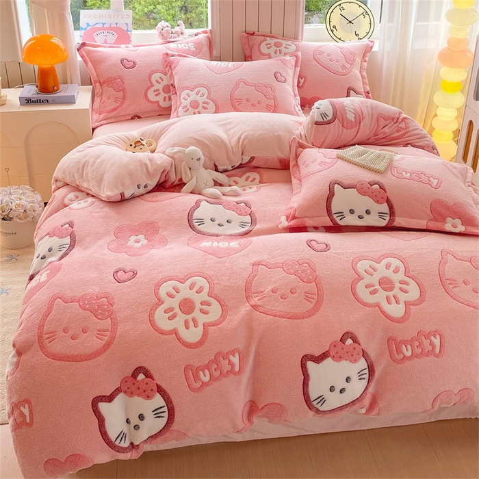 91家纺网 家纺一手货源 找家纺 佰亿莱 2025新款5D雕花雪花绒四件套粉猫咪