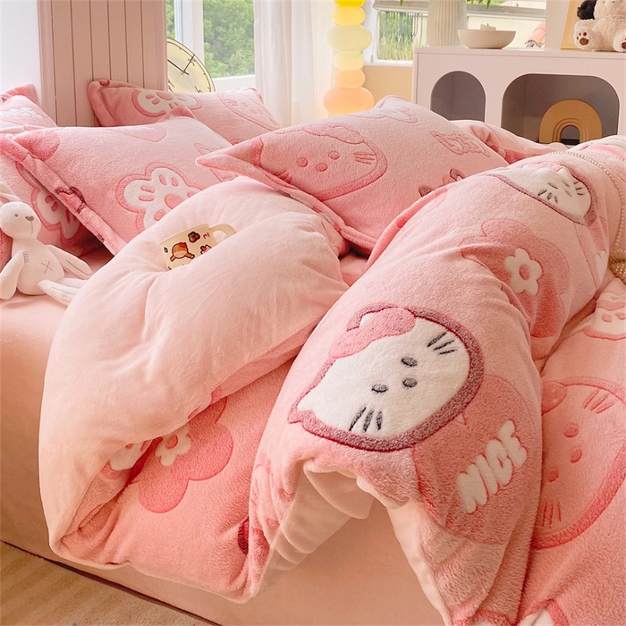 佰亿莱 2025新款5D雕花雪花绒四件套粉猫咪