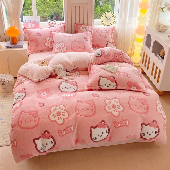 91家纺网 家纺一手货源 找家纺 佰亿莱 2025新款5D雕花雪花绒四件套粉猫咪