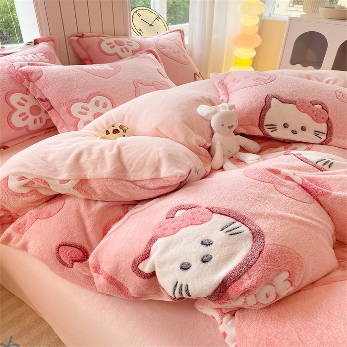 91家纺网 家纺一手货源 找家纺 佰亿莱 2025新款5D雕花雪花绒四件套粉猫咪