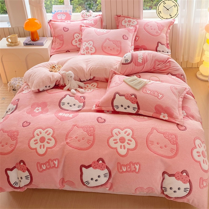 91家纺网 家纺一手货源 找家纺 佰亿莱 2025新款5D雕花雪花绒四件套粉猫咪