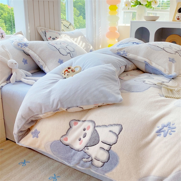 91家纺网 家纺一手货源 找家纺 佰亿莱 2025新款5D雕花雪花绒四件套西高地