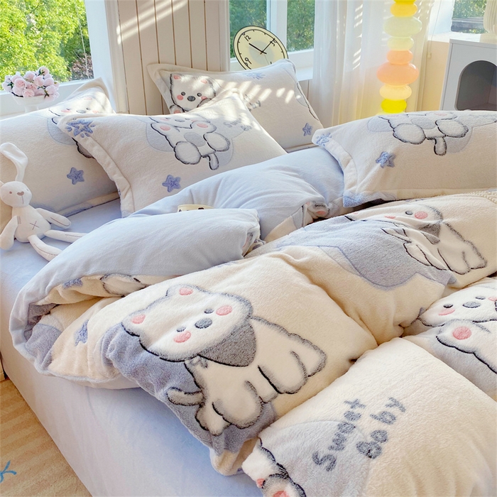 91家纺网 家纺一手货源 找家纺 佰亿莱 2025新款5D雕花雪花绒四件套西高地