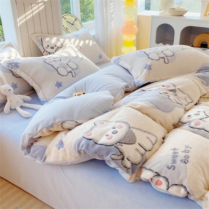 91家纺网 家纺一手货源 找家纺 佰亿莱 2025新款5D雕花雪花绒四件套西高地