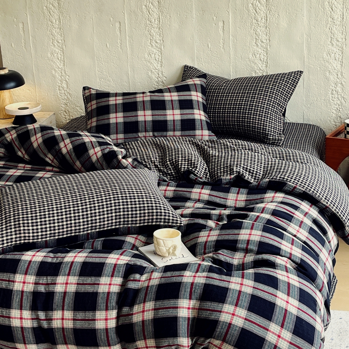 91家纺网 家纺一手货源 找家纺 （总）双层纱家居 2025新款黑大格双层纱四件套