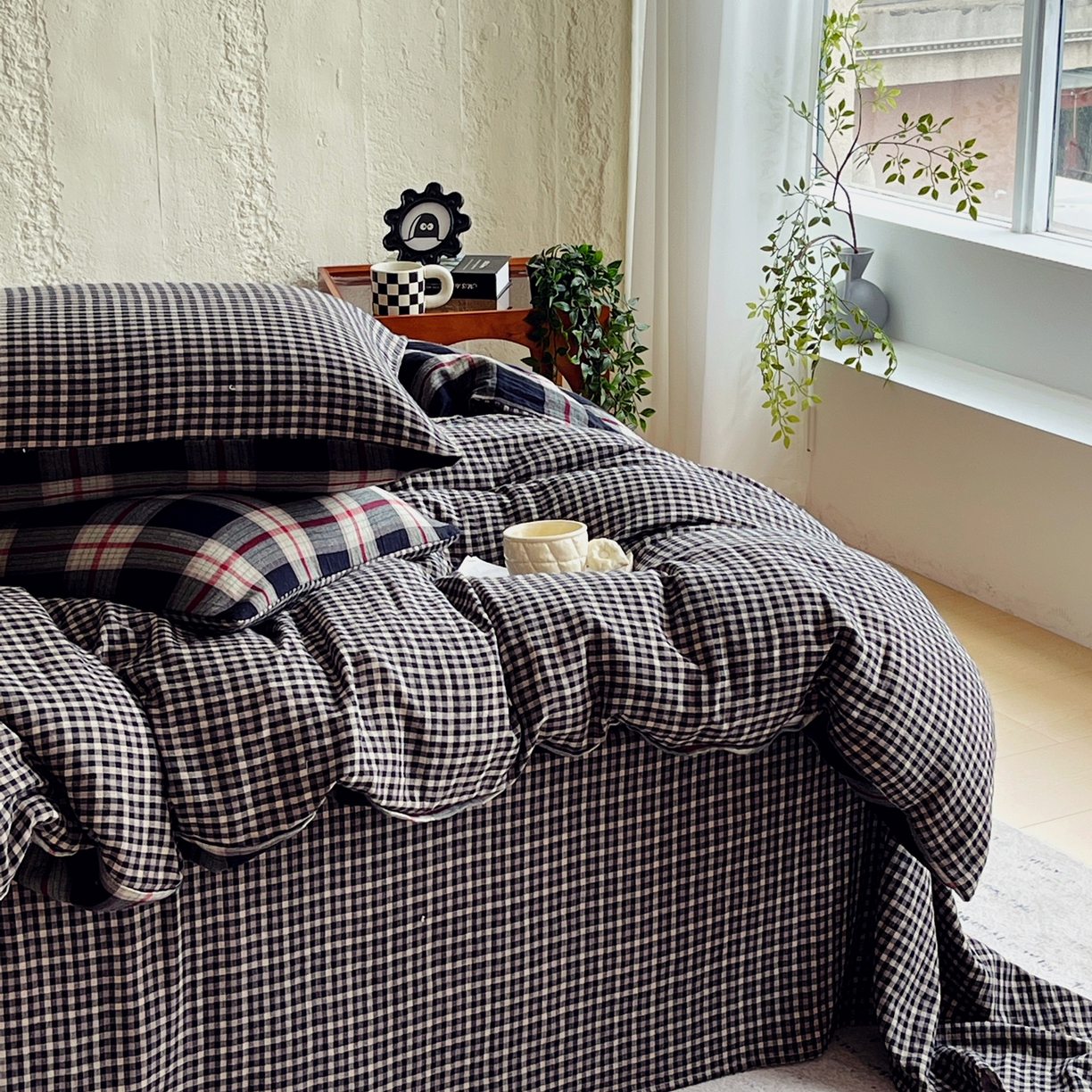 91家纺网 家纺一手货源 找家纺 （总）双层纱家居 2025新款黑大格双层纱四件套