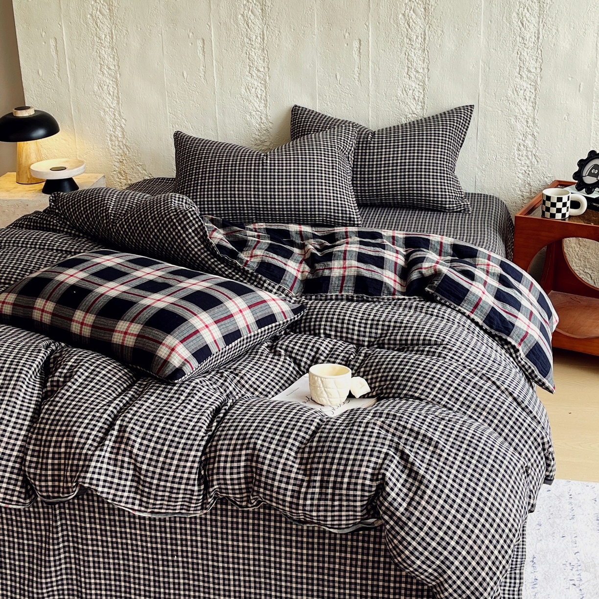 91家纺网 家纺一手货源 找家纺 （总）双层纱家居 2025新款黑大格双层纱四件套