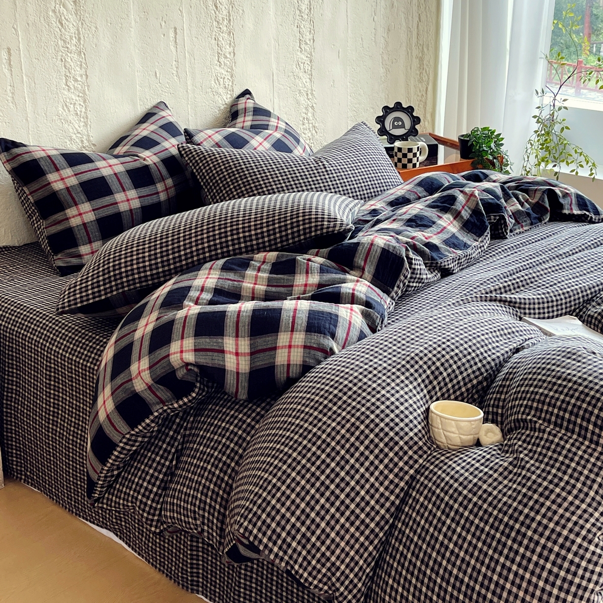 91家纺网 家纺一手货源 找家纺 （总）双层纱家居 2025新款黑大格双层纱四件套