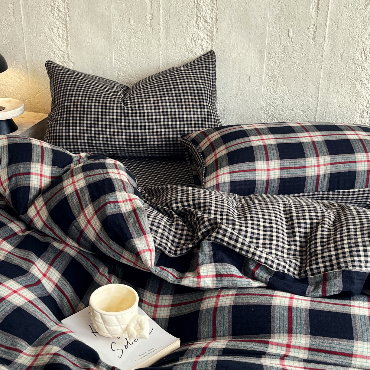 91家纺网 家纺一手货源 找家纺 （总）双层纱家居 2025新款黑大格双层纱四件套