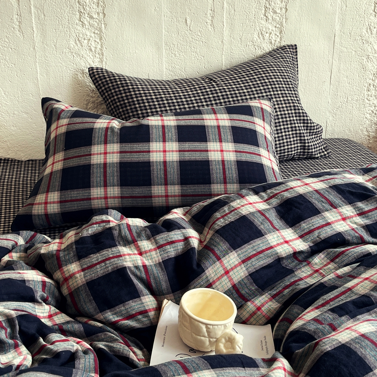 91家纺网 家纺一手货源 找家纺 （总）双层纱家居 2025新款黑大格双层纱四件套