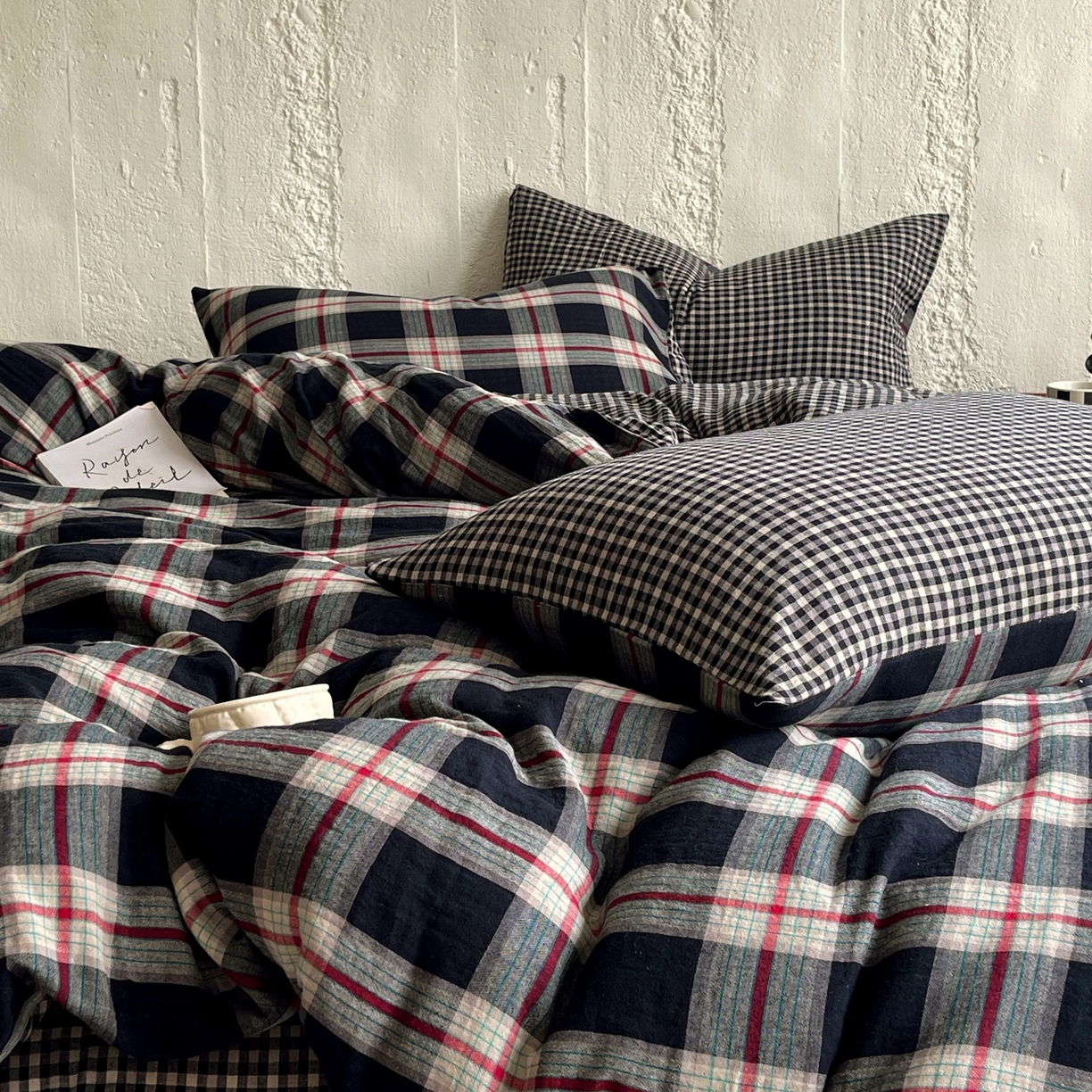 91家纺网 家纺一手货源 找家纺 （总）双层纱家居 2025新款黑大格双层纱四件套