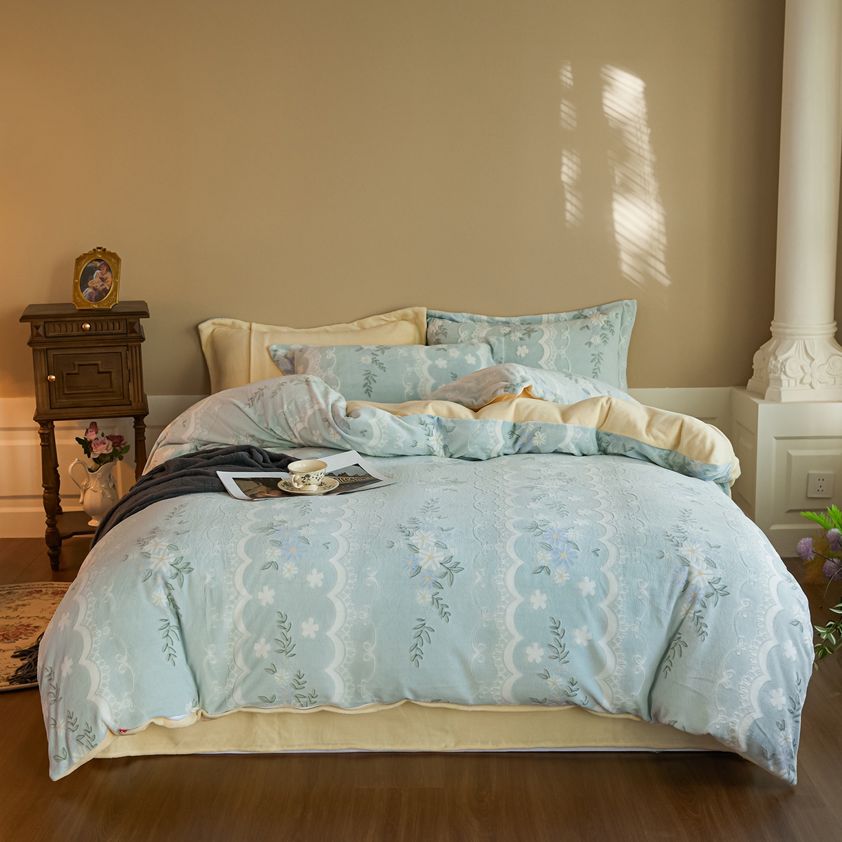 91家纺网 家纺一手货源 找家纺 菡宝 【主推第三批 带质检报告】A类全消光230g雕花绒牛奶绒四件套支持定制定做尺寸 安妮绿