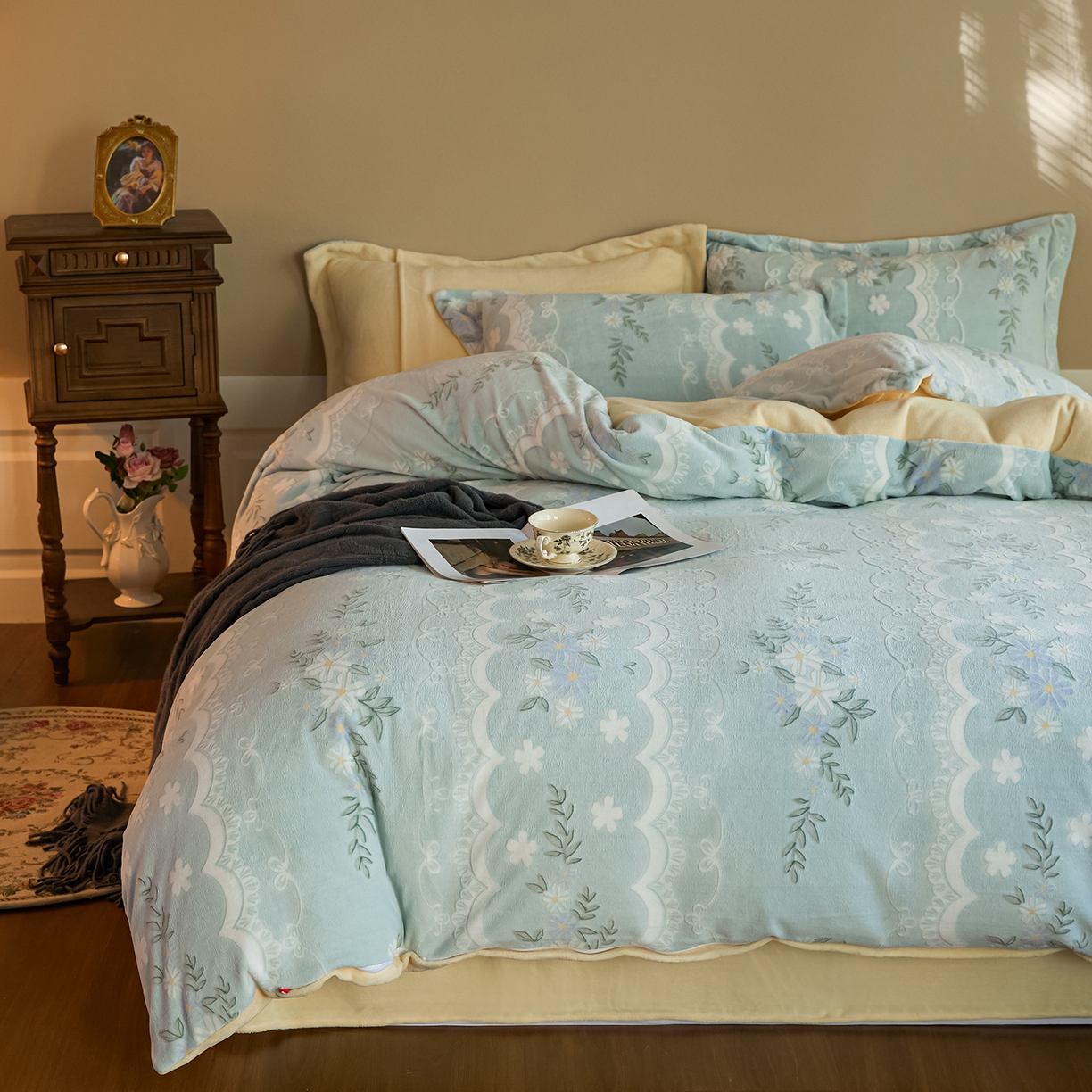 91家纺网 家纺一手货源 找家纺 菡宝 【主推第三批 带质检报告】A类全消光230g雕花绒牛奶绒四件套支持定制定做尺寸 安妮绿