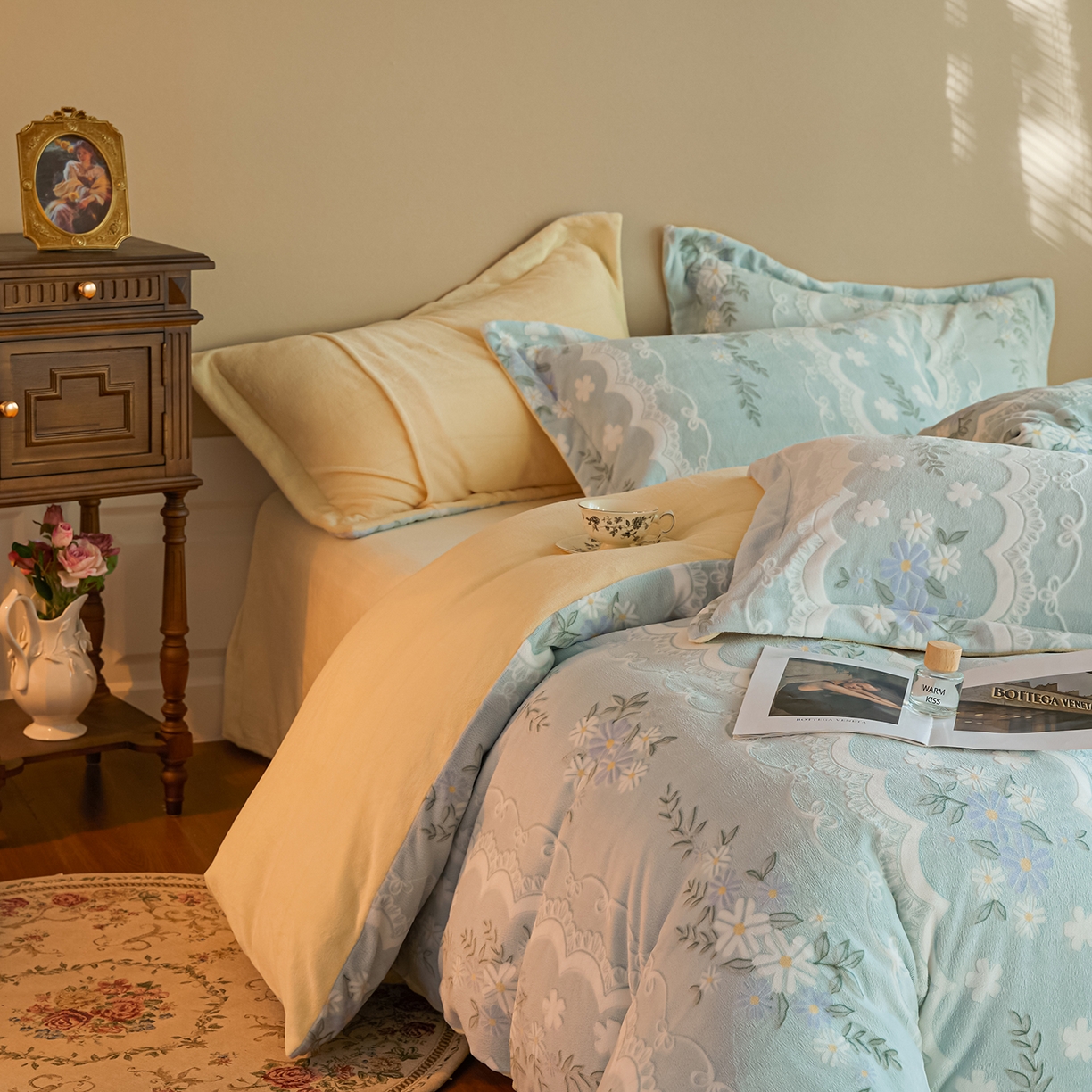 91家纺网 家纺一手货源 找家纺 菡宝 【主推第三批 带质检报告】A类全消光230g雕花绒牛奶绒四件套支持定制定做尺寸 安妮绿