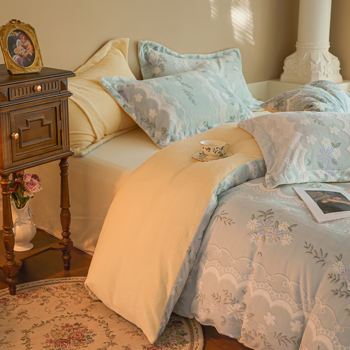 91家纺网 家纺一手货源 找家纺 菡宝 【主推第三批 带质检报告】A类全消光230g雕花绒牛奶绒四件套支持定制定做尺寸 安妮绿