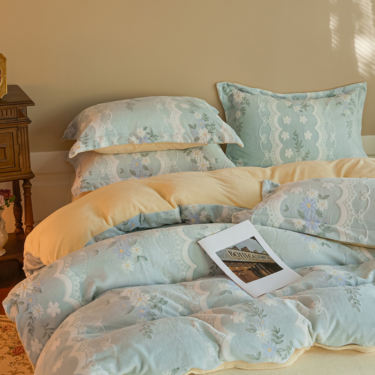 91家纺网 家纺一手货源 找家纺 菡宝 【主推第三批 带质检报告】A类全消光230g雕花绒牛奶绒四件套支持定制定做尺寸 安妮绿