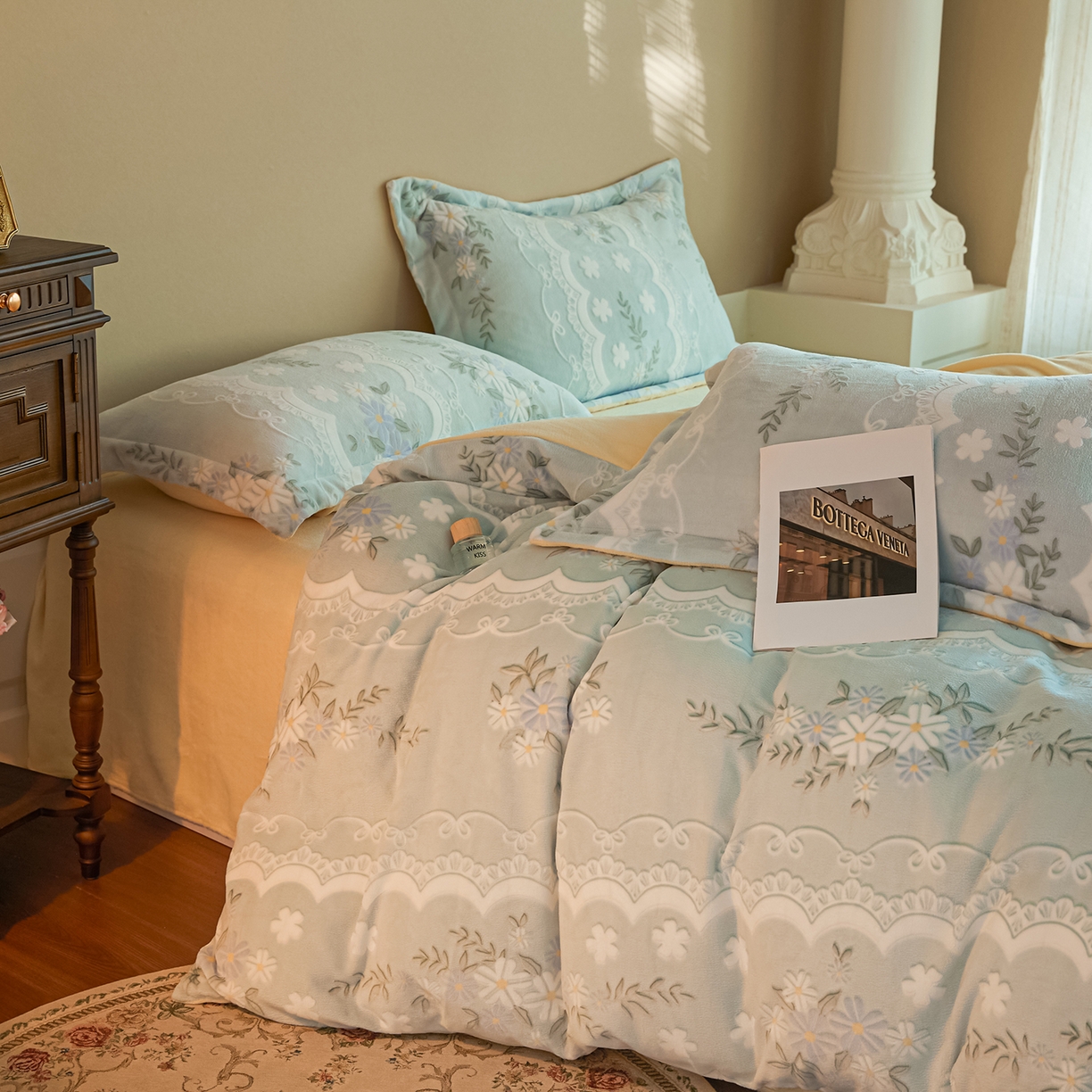 91家纺网 家纺一手货源 找家纺 菡宝 【主推第三批 带质检报告】A类全消光230g雕花绒牛奶绒四件套支持定制定做尺寸 安妮绿