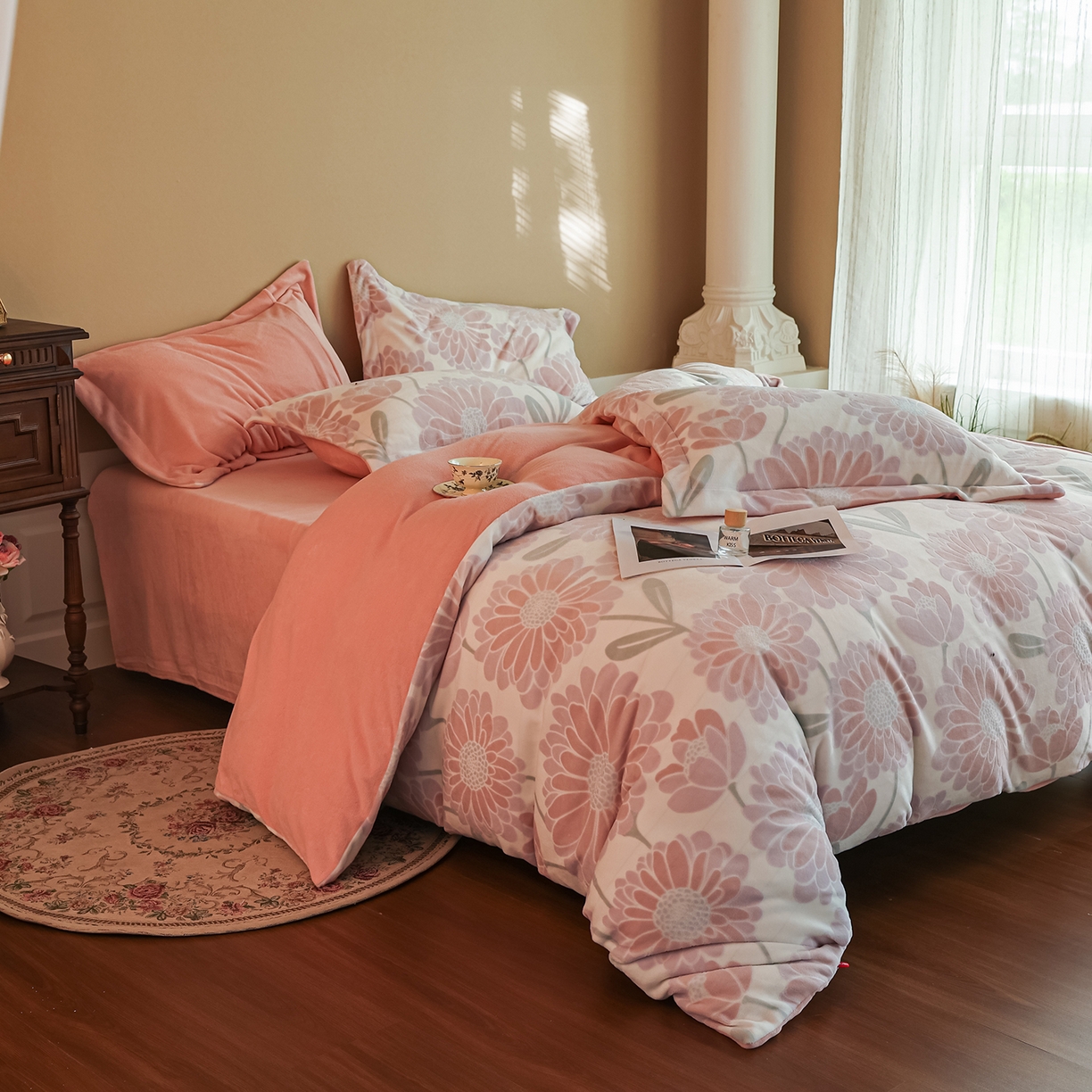 91家纺网 家纺一手货源 找家纺 菡宝 【主推第三批 带质检报告】A类全消光230g雕花绒牛奶绒四件套支持定制定做尺寸 雏菊呈露粉