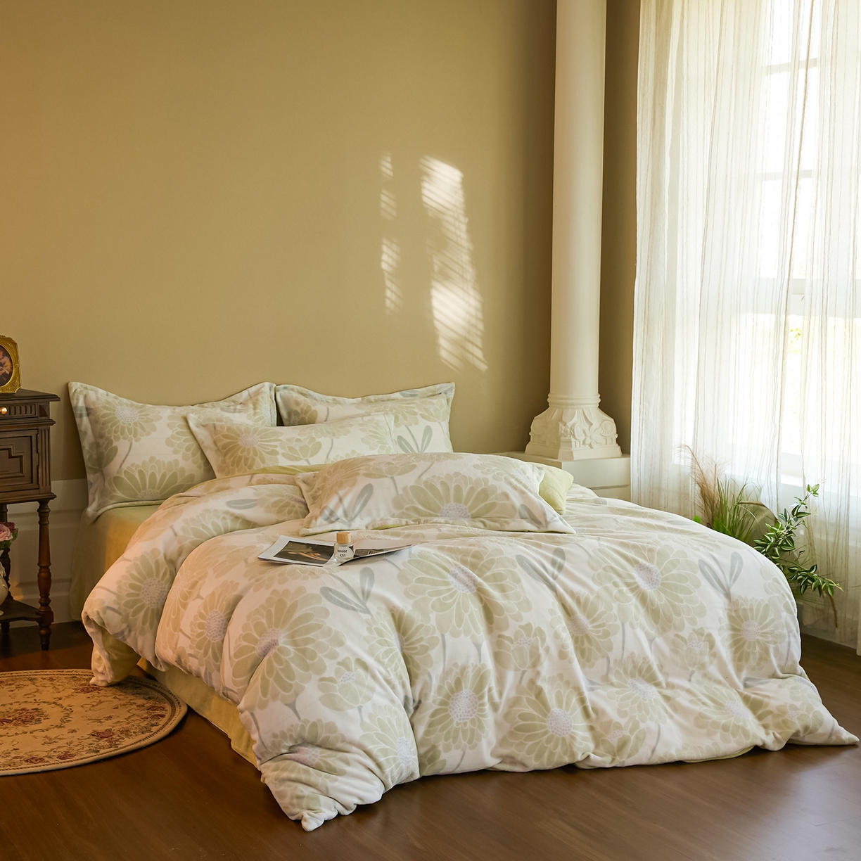 菡宝 【主推第三批 带质检报告】A类全消光230g雕花绒牛奶绒四件套支持定制定做尺寸 雏菊呈露绿