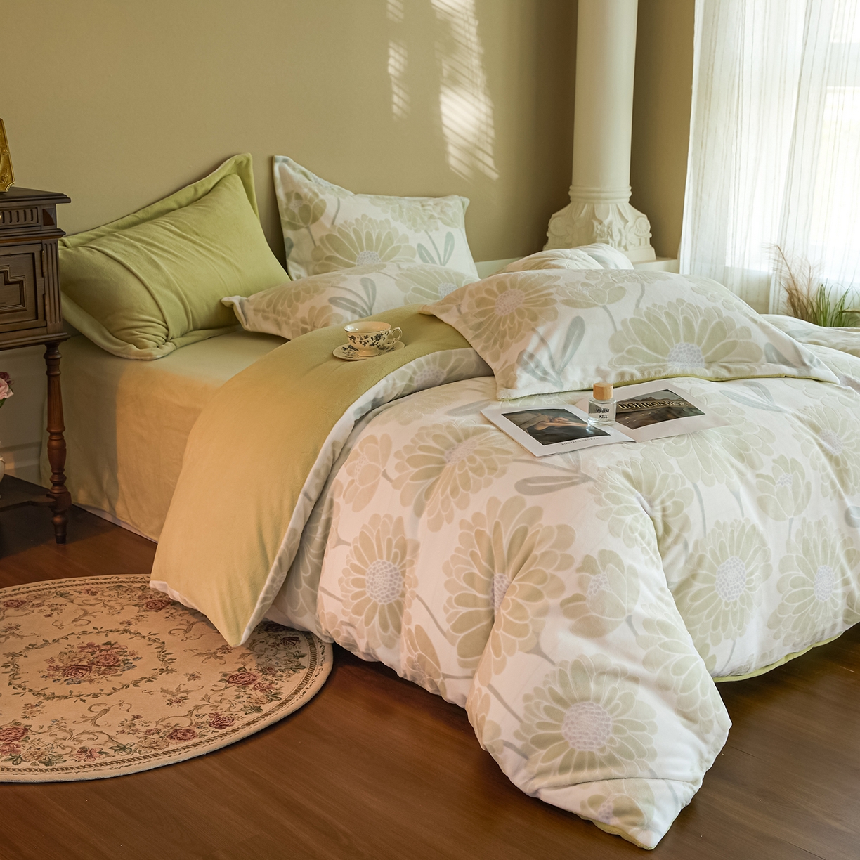 91家纺网 家纺一手货源 找家纺 菡宝 【主推第三批 带质检报告】A类全消光230g雕花绒牛奶绒四件套支持定制定做尺寸 雏菊呈露绿