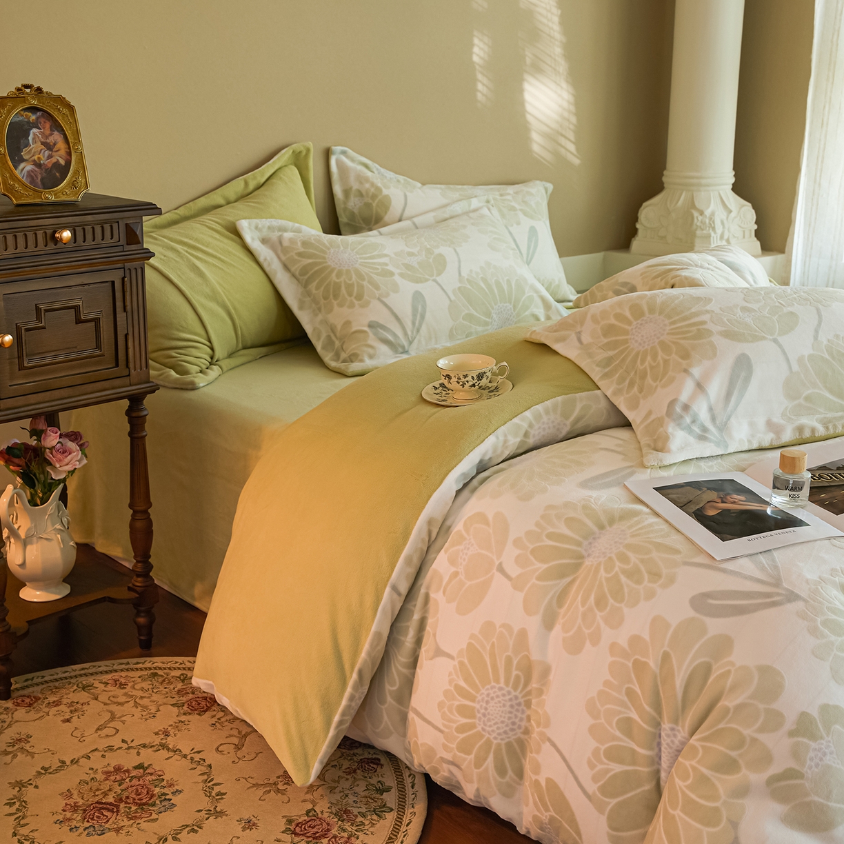 91家纺网 家纺一手货源 找家纺 菡宝 【主推第三批 带质检报告】A类全消光230g雕花绒牛奶绒四件套支持定制定做尺寸 雏菊呈露绿