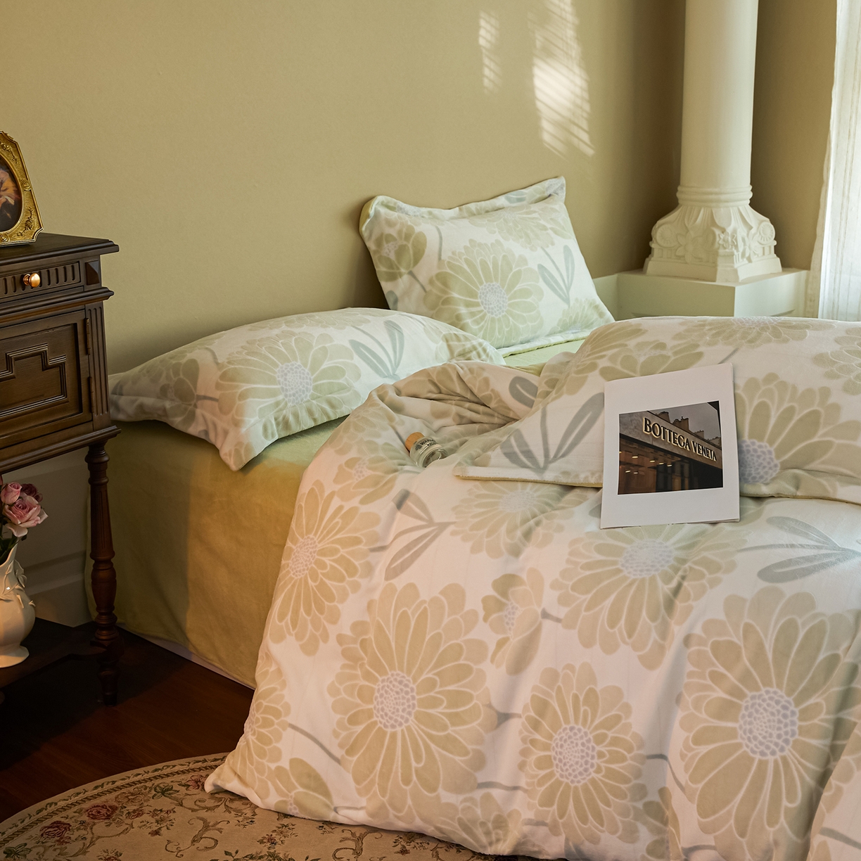 91家纺网 家纺一手货源 找家纺 菡宝 【主推第三批 带质检报告】A类全消光230g雕花绒牛奶绒四件套支持定制定做尺寸 雏菊呈露绿