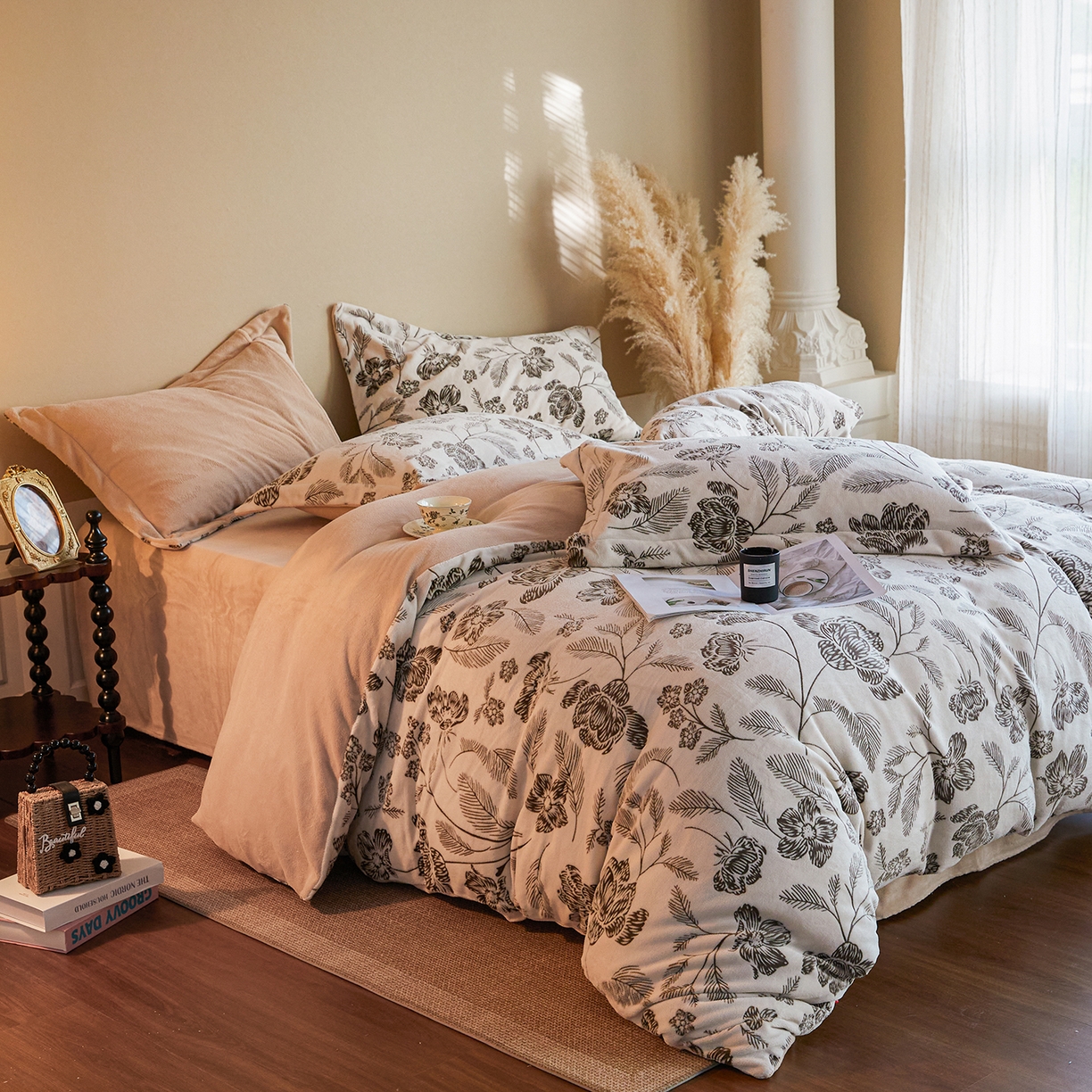 91家纺网 家纺一手货源 找家纺 菡宝 【主推第三批 带质检报告】A类全消光230g雕花绒牛奶绒四件套支持定制定做尺寸 春风微时