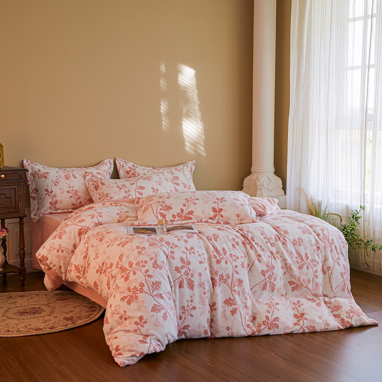 菡宝 【主推第三批 带质检报告】A类全消光230g雕花绒牛奶绒四件套支持定制定做尺寸 好梦秋天粉