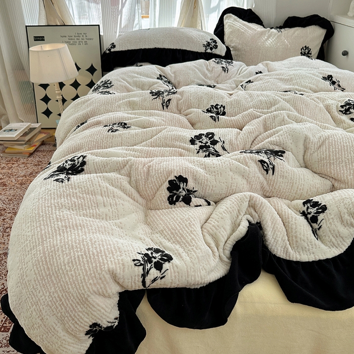 轻奢坊 2025新款琢色烂花牛奶绒花边套件四件套-赫本风 赫本-玫瑰