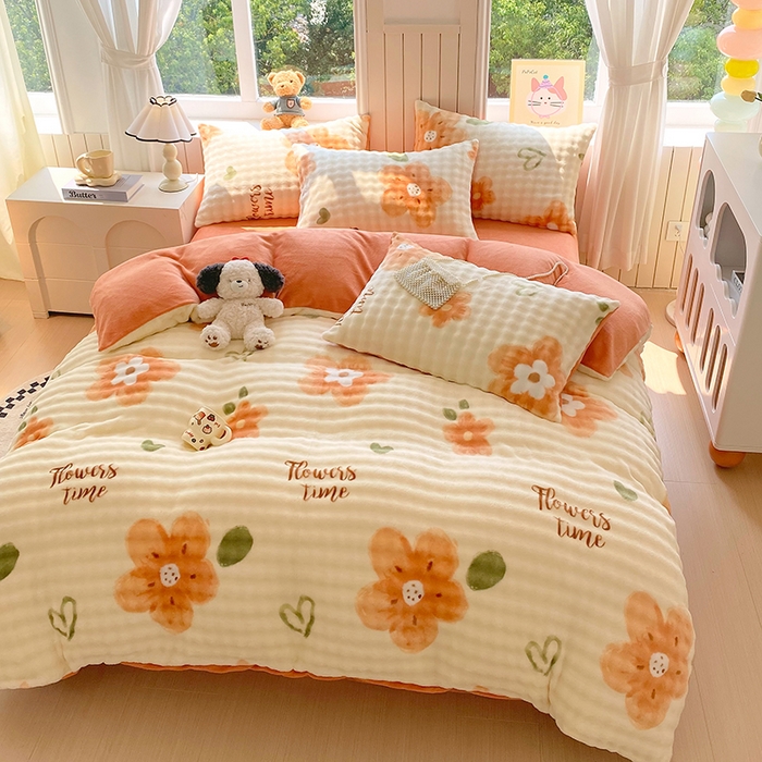 91家纺网 家纺一手货源 找家纺 艾橙 2025新款泡泡牛奶绒加厚保暖印花四件套 花样年华