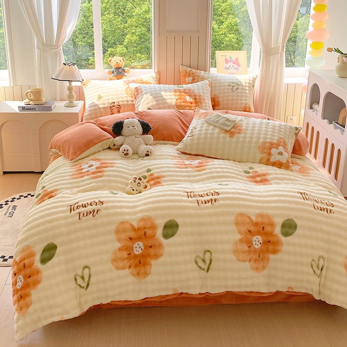 91家纺网 家纺一手货源 找家纺 艾橙 2025新款泡泡牛奶绒加厚保暖印花四件套 花样年华