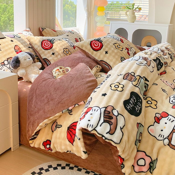 91家纺网 家纺一手货源 找家纺 艾橙 2025新款泡泡牛奶绒加厚保暖印花四件套 画笔卡通