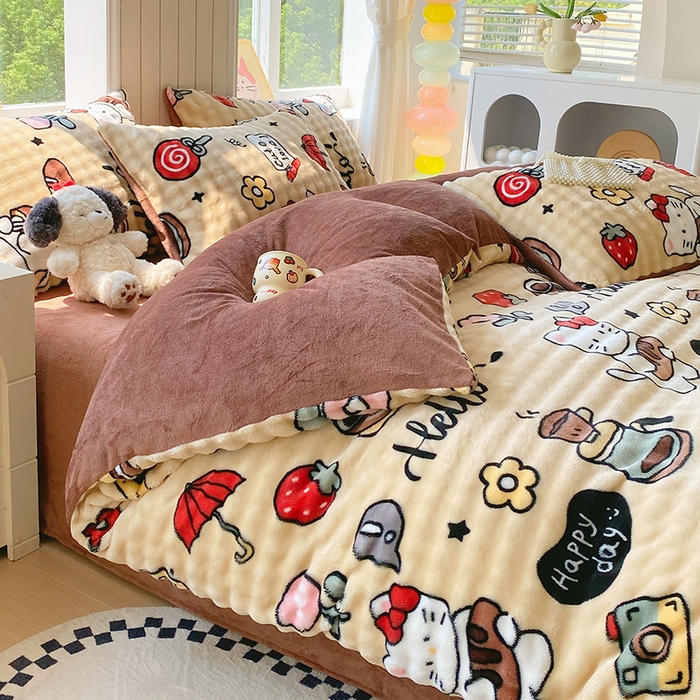 91家纺网 家纺一手货源 找家纺 艾橙 2025新款泡泡牛奶绒加厚保暖印花四件套 画笔卡通