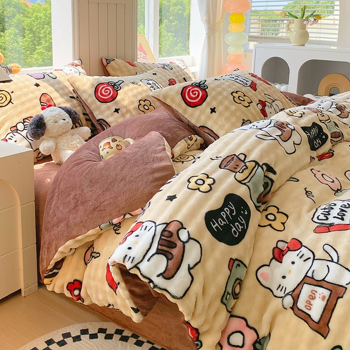 91家纺网 家纺一手货源 找家纺 艾橙 2025新款泡泡牛奶绒加厚保暖印花四件套 画笔卡通