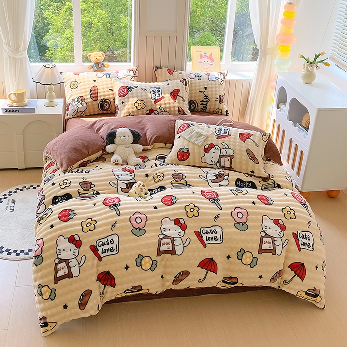 91家纺网 家纺一手货源 找家纺 艾橙 2025新款泡泡牛奶绒加厚保暖印花四件套 画笔卡通