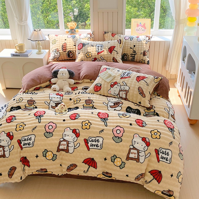 91家纺网 家纺一手货源 找家纺 艾橙 2025新款泡泡牛奶绒加厚保暖印花四件套 画笔卡通