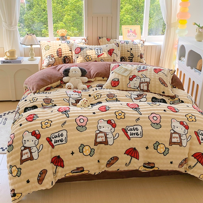 91家纺网 家纺一手货源 找家纺 艾橙 2025新款泡泡牛奶绒加厚保暖印花四件套 画笔卡通